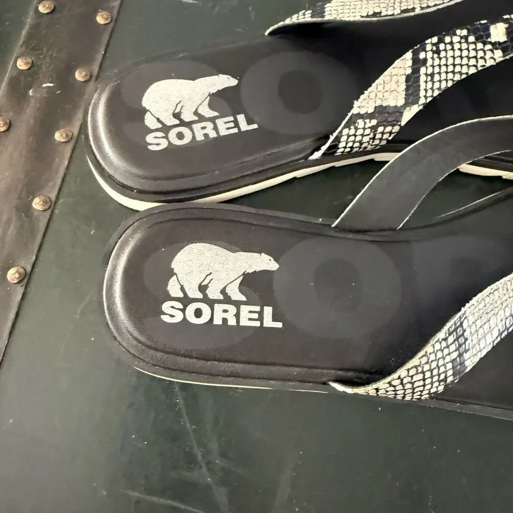 Sorel Ella II Thong Sandals Womens 12 Snake Print Flip Flop Beach White Black